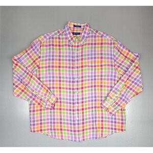 Alan Flusser Button Down Shirt Mens 2XL. Checkered Multi Colored Linen‎ Blend